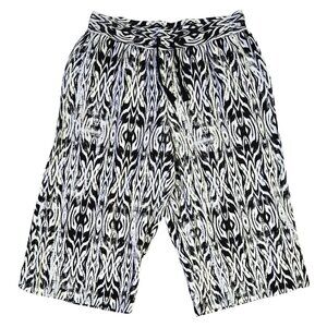 Roamans Linen Blend White Black Abstract Boho Pull On Wide Leg Cropped Pants